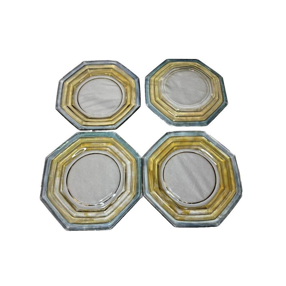 Rare Vintage Set Of Four Heisey Stepped Octagon Salad Plates Blue and Yesllow